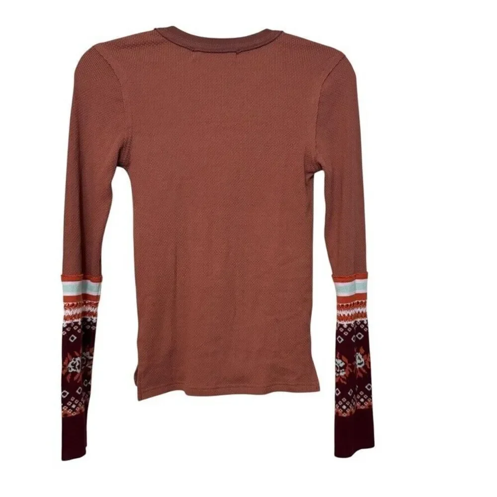 Free People Mikah Notch Neck Top Thermal Fair Isle Sleeves Autumn Combo XS‎ NWT